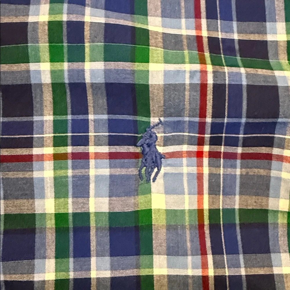 Polo Ralph Lauren Boys 7 Blue Green Plaid Cotton Long Sleeve Button Down Shirt